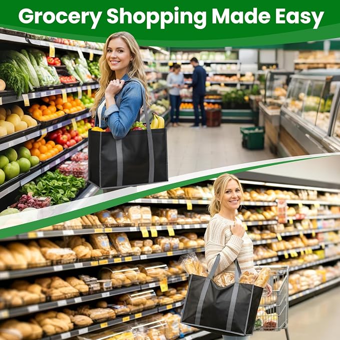 Reusable Grocery Bags for Shopping with Long Handles, 3 Pack, Black | Multipurpose Shopping Bags for Groceries, Foldable Grocery Totes Resist Water & Stains for Kitchen, Car Trunk, Picnic - Image 2