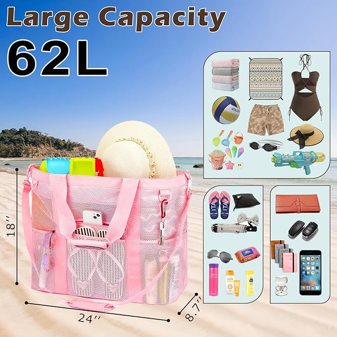 Fammart Mesh Beach Bag for Women, Large Beach Toy Pool Bag with Zipper Pocket, SandProof Cruise Essentials 2026 Family Travel - Image 3