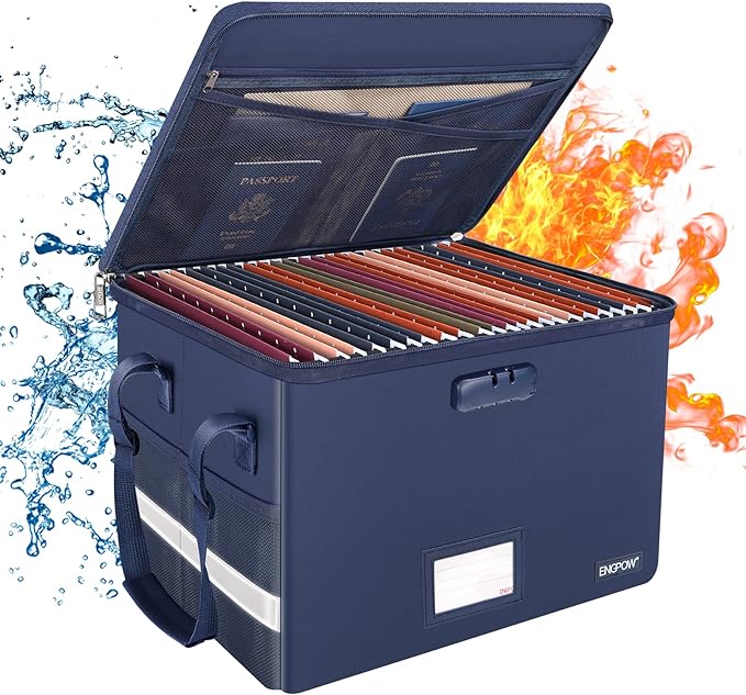 ENGPOW File Box with Lock, Fireproof Document Box with Zipper＆Pockets, Collapsible File Organizer Filing Storage Cabinet with Handle, Portable Home Office Safe for Hanging Letter/Legal Folder, Blue by ENGPOW