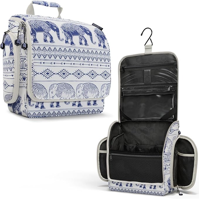 VENTURE 4TH Hanging Travel Toiletry Bag, 17 Compartments - Blue Elephant | Hangs on rails, hooks or doors; stands upright too. Removable TSA pouch. Water-resistant 900D Nylon, reinforced stitching. by VENTURE4TH