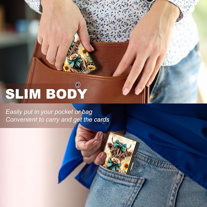 Metal Wallet,Credit Card Holder for Women,Slim RFID Blocking Credit Card Holder Thin Aluminum Wallet ID Case,6 Slot Business Mini Hard Metal Case for Women/Men,Flower Highland Cow - Image 4