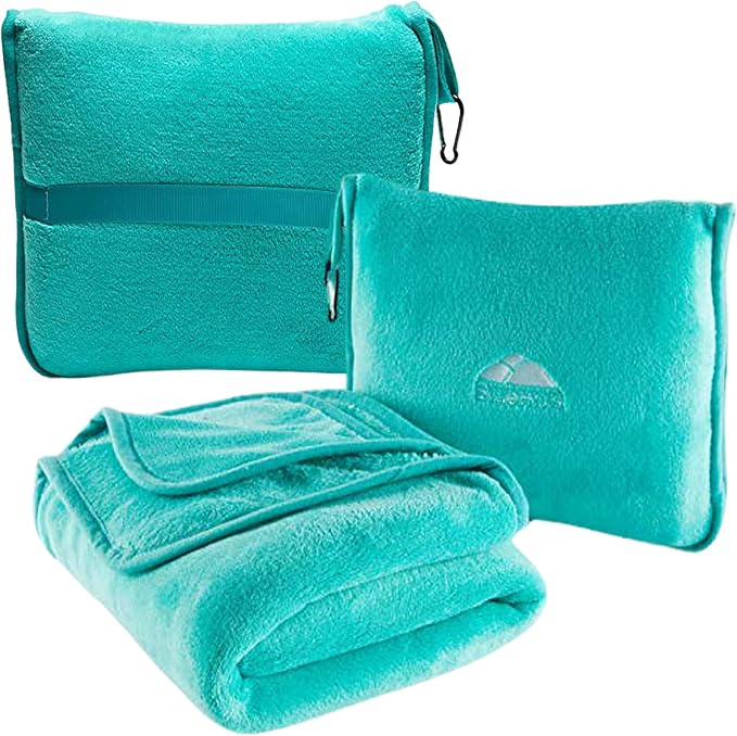 BlueHills Premium Soft Travel Blanket Pillow Warm Comfort Throw, Teal Green | 2 in 1 Travel Blanket Pillow, Soft Bag Pillowcase, Hand Luggage Belt & Backpack Clip, Flight Essentials, Gift for Traveler by BlueHills