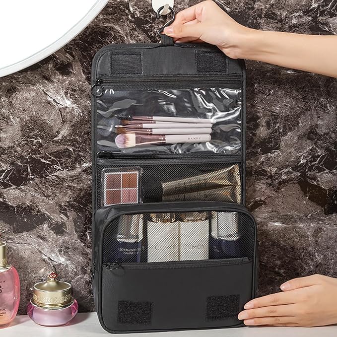 Travel Toiletry Bag for Women, Hanging Toiletry Bag with Multi-Pockets, Toiletry Bag for Traveling Easy Clean, Travel Organizer Black - Image 5