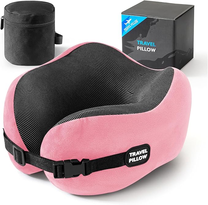 Neck Pillow Travel Pillow - 100% Pure Memory Foam Airplane Pillow with Adjustable Clasp & Removable Cover, Portable Travel Essentials for Long Flights, Car & Office (Pink) by PEUJEW
