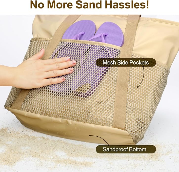 F-color Waterproof Beach Bags for Women - Machine Washable Travel Tote Bag with Zipper Cruise Swim Vacation Essentials - Image 4