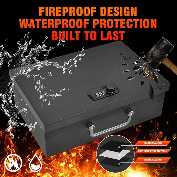 TOTOY 0.35 CuFt Portable Steel Fireproof 3-Digit Lock Handheld Document Box | Rotable Carrying Handle Storage Lock Box for A4 Documents Passport Cash Money Laptop Tablet Jewelry, 13.8''W x 11''D x 4''H - Image 5