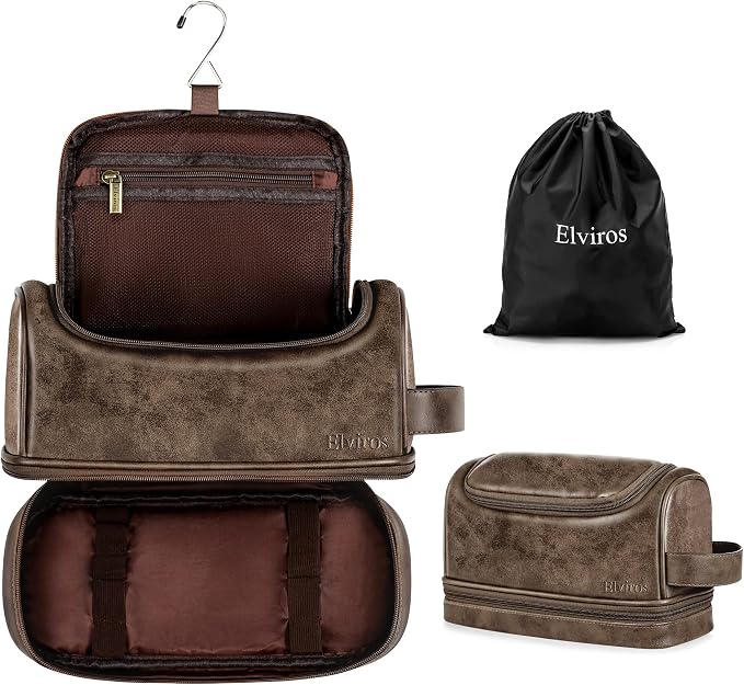 Elviros Hanging Toiletry Bag for Men PU Leather Shaving Kit (Coffee) | Water-Resistant Travel Organizer with Hanging Hook for Toiletries, Shaving Tools, Grooming Items, and Daily Storage by Elviros