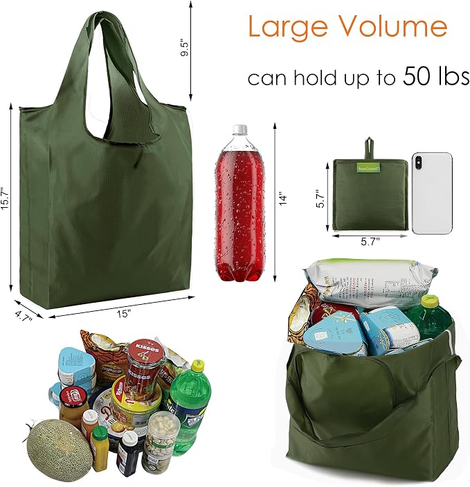 BeeGreen Green Reusable Grocery Bags Wholesale Green Reusable Kitchen Bags Bulk Foldable-Machine Washable with Zipper Storage Pouch 20 Packs - Image 2