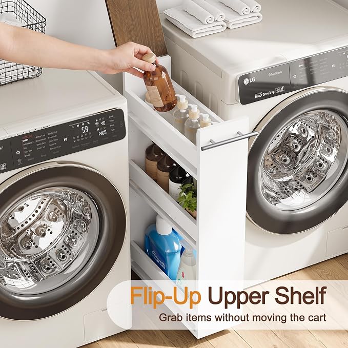 Yoobure 4-Tier Slim Storage Cart - Narrow Rolling Cart on Wheels, Slide Out Utility Carts with Adjustable Shelves, Organizer Trolley with Handle & Flip Top for Kitchen, Bathroom, Laundry, Small Spaces - Image 3