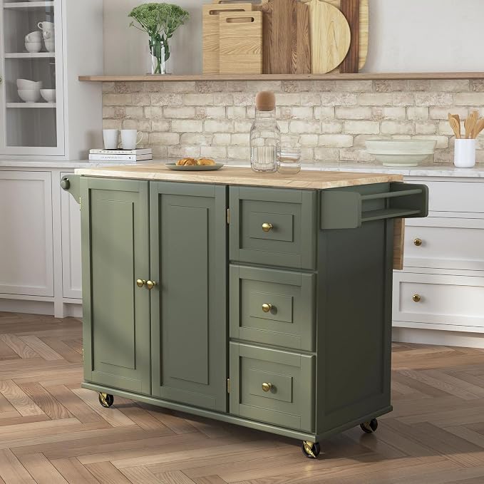 Homestyles Mobile Kitchen Island Cart with Wood Top and Dropleaf Breakfast Bar, 18" D x 53.5" W x 36" H, Green - Image 3