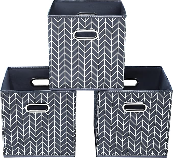 11 Inch Cube Storage Bins , Fabric Cube Organizer Bins with Handle, Foldable Cube Bins for Cloth or Accessary Storage, 11x11x11 Set of 3 (Gray Wave) by Yunkeeper