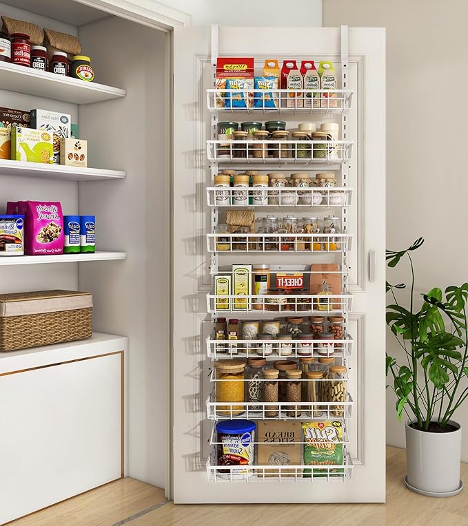Mefirt Over The Door Pantry Organizer, Wall Mount Spice Rack 8-Tier White | Pantry Hanging Storage and Organization, Adjustable Baskets Heavy-Duty Metal for Home & Kitchen, Back of Door Seasoning Rack by Mefirt