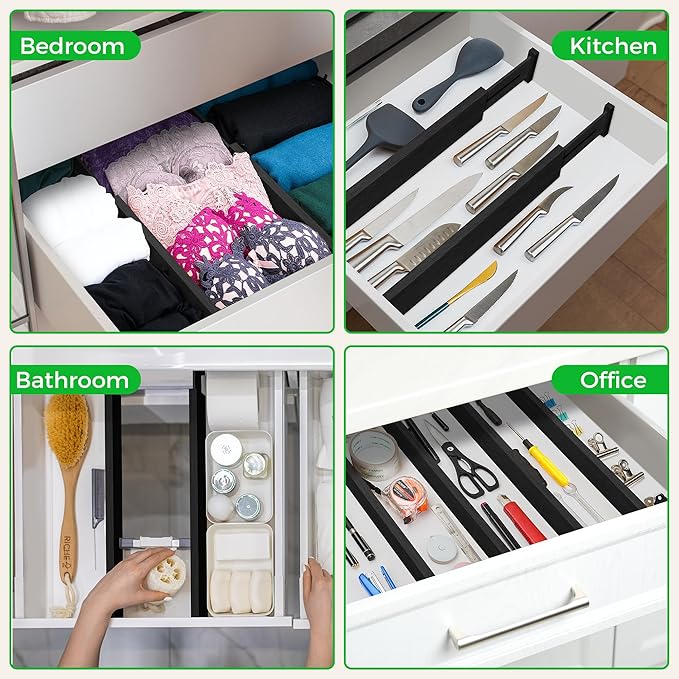 4 Pack Bamboo Drawer Dividers Organizer with Inserts 2.6'' High | Expandable from 12.5-21.7", Adjustable Drawer Organizer Separators for Utensils, Clothing, Office, Dresser, Bedroom, (Black) - Image 6