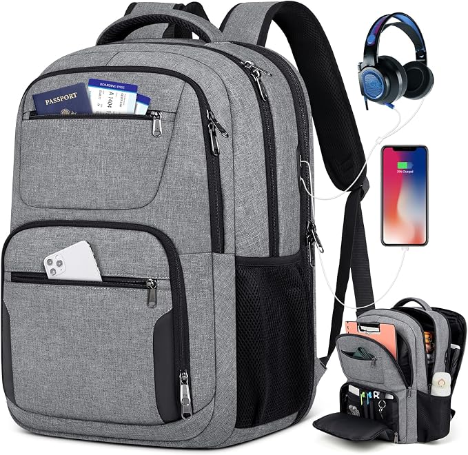Travel Laptop Backpack, 17 Inch Extra Large Laptop Backpack with USB Charging Hole 45L Anti Theft Travel Backpack Water Resistant College Business Computer Bag Fit 17.3 Inch Laptop for Men Women Grey by SDYSM