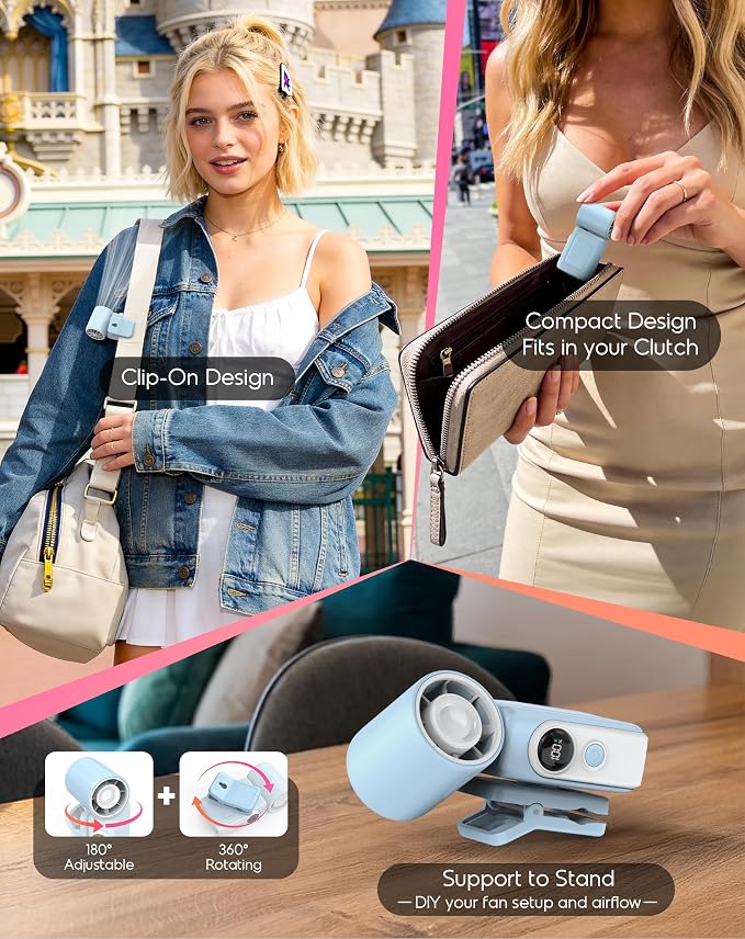 Clip-On Portable Fan for Strollers Travel, Rechargeable Turbo Personal Fan | Clip to Bag Strap Hat Stroller Shirt Desk Car Seats, Small 4 Speed 360° Rotate, Led Display, Turbo 13500RPM, Travel Essential - Image 6