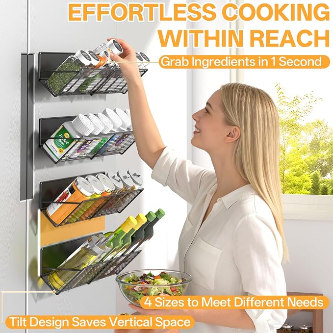 DTUQYX Magnetic Spice Rack 4-Pack for 32 Spices Jars, 14-16.5 inch Long Strong Magnetic Shelves, Space Saving Spice Organizer 45° Tilt for Refrigerator, No Drilling Home Kitchen Storage Shef - Image 6