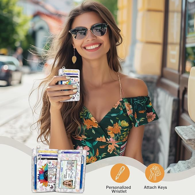 Yonlevres Be Kind Sunflower Credit Card Holder Slim RFID Wallet Women Small | Front Pocket, Handy, RFID Blocking, Woman Girls Ladies Gifts, D-ring for Keychain,Thin Mini Card Case, ID Window, PU Leather - Image 2