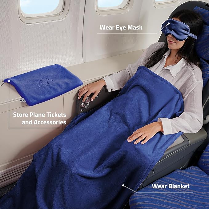 Travel Blanket, Airplane Blanket, Ultra-Soft, Warm & Lightweight, 65x40 in, Outdoor Blanket Essentials for Women, Men & Kids, Included Eye Mask, Luggage Sleeve & Backpack Clip Navy Blue - Image 2