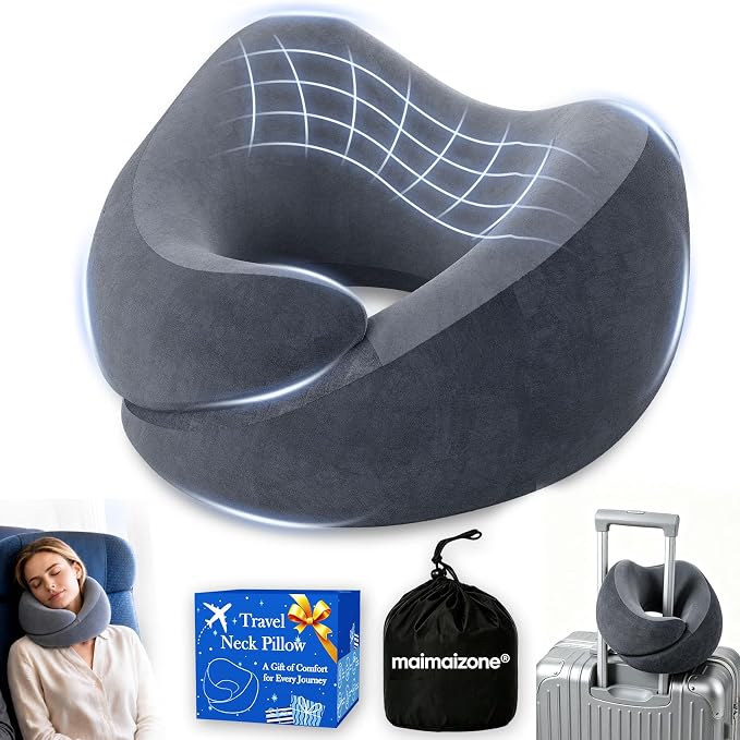 Airplane Travel Pillow, Wrap-Around Neck Support for Long Flights, Gray | Wrap-Around Neck Support Helps Keep Your Head Upright on Long Flights, with Eye Mask and Earplugs by maimaizone
