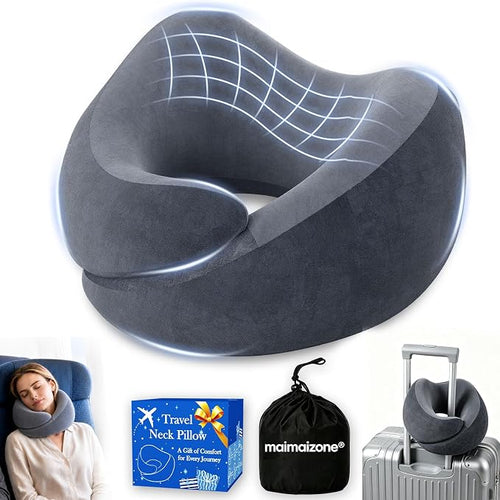 Airplane Travel Pillow, Wrap-Around Neck Support for Long Flights, Gray | Wrap-Around Neck Support Helps Keep Your Head Upright on Long Flights, with Eye Mask and Earplugs by maimaizone