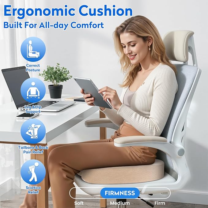 CushZone XXL Memory Foam Seat Cushion for Office & Car, Khaki | U-shaped Coccyx Cutout, Contoured Design, Breathable Removable Mesh Cover, Non-Slip Base, Carry Handle - Image 6