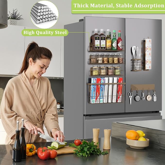 Magnetic Spice Rack for Refrigerator, 7 Pack Magnetic Fridge Shelf for Kitchen Organization Storage, Moveable Spice Organizer W/Paper Towel Holder, Utensil Caddy, Cutting Board Rack (Brown) - Image 6