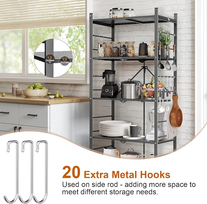 Himix 5-Tier Foldable Storage Shelves with 20 Hooks Wheels Grey Display | Folding shelving units, Metal collapsible organization, Wire shelf, No assembly, Bookshelf, Kitchen, Home rack, Holds 440 Ibs - Image 3