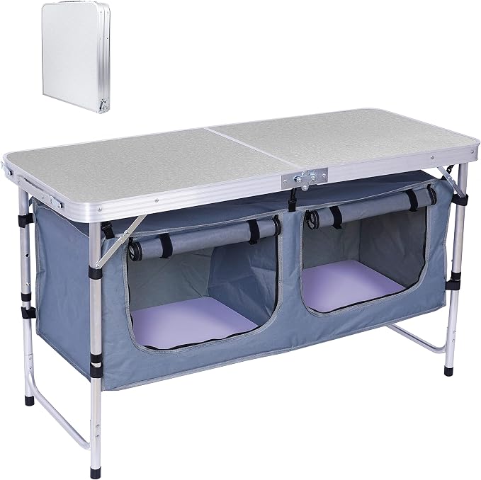 Nice C Camping Storage Table, Folding Height Adjustable Table, Lightweight | Camp Storage Kitchen Table, Aluminum, Carry Handle, Outdoor, Beach, BBQ, Picnic, Cooking, Festival, Indoor, Office by NiceC