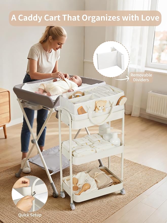 Baby Diaper Caddy, 3 Tier Rolling Cart for Baby Essentials, Beige | Diaper Cart with Detachable Dividers, Nursery Storage & Bottle Organizer, Bedside Caddy for Bedroom and Living Room - Image 5