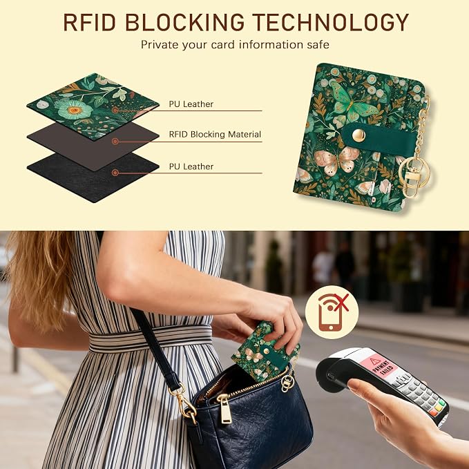 Jogjam Butterfly Green Rfid Women Wallet, Small Slim Credit Card Holder | PU Leather Bifold Cash Zipper Coin Pocket ID Window, for Female Ladies Teen Girls Girly Gifts - Image 3