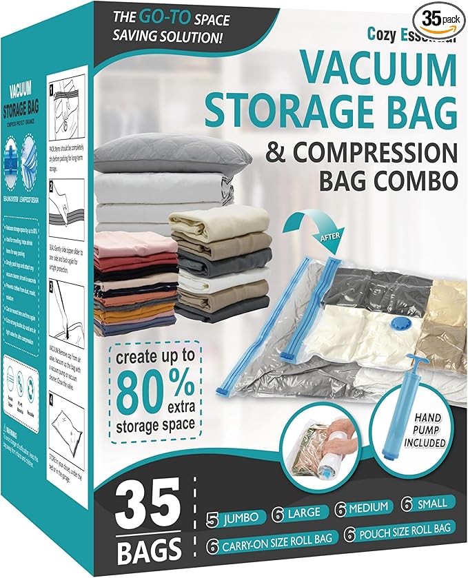Cozy Essential Vacuum Storage Bags, 80% Compression Vacuum Seal Space Saver Plastic Packaging Bags for Clothes, Blankets, Pillow, Bedding, Comforters, Sealer Clothing Storage,35 Combo by CozyEssential
