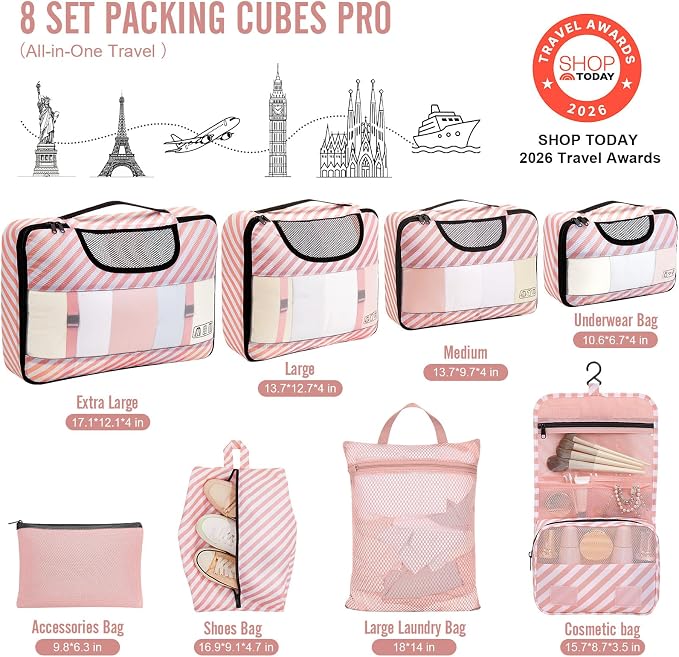 Veken 8 Set Packing Cubes for Travel Essentials, Suitcase Organizer Bags in 4 Sizes, Carry-On Luggage Accessories with Laundry Bag, Airplane Must Have with 99-Count Mesh Holes - Image 2