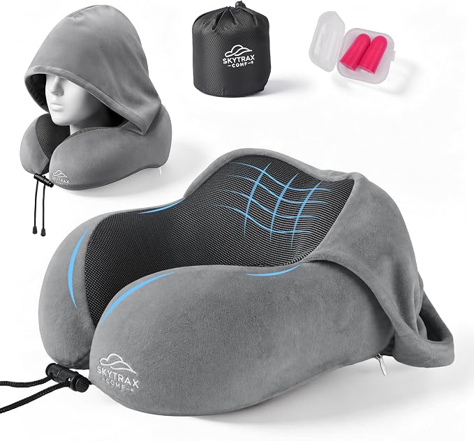 SkytraxComf® Travel Neck Pillow with Hood for Privacy on Long Flights | Memory Foam | Airplane Sleep | Safety-Tested Materials | Extra Large Hood | Chin Support | Earplugs | Washable Cover - Image 9