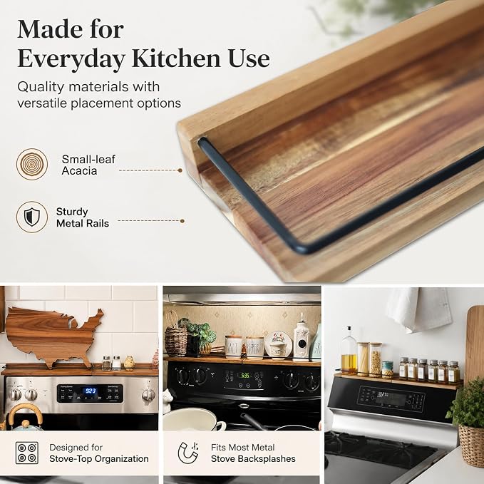 2-Piece 30" Magnetic Acacia Wood Stove Top Shelf for Gas/Electric | Strong magnetic hold, heat-resistant acacia, no-drill setup, fits gas/electric, easy-clean, holds heavy jars securely - Image 8