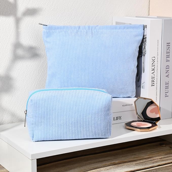 SOIDRAM 2 Pieces Makeup Bag Large Corduroy Cosmetic Bag Capacity Canvas Mix Travel Toiletry Bag Organizer Cute Makeup Brushes Aesthetic Accessories Storage Bag for Women, Corduroy Mix Blue - Image 5