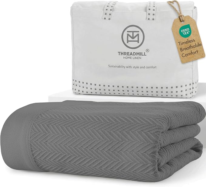 Threadmill Cotton King Blanket, Herringbone, Dark Grey, Machine Washable | 100% Cotton, Herringbone Pattern, 106x92 in, Breathable, All-Season, OEKO-TEX Certified, Machine Washable by ThreadmillHomeLinen