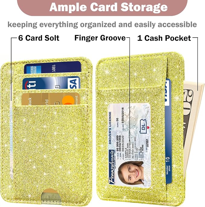 HOTCOOL Card Holder Wallet Front Pocket Minimalist Travel Cute Funny Thin Leather With RFID Blocking Small Credit Card Holder Wallet for Men & Women Girls Organizer Gifts, Glitter Gold - Image 3
