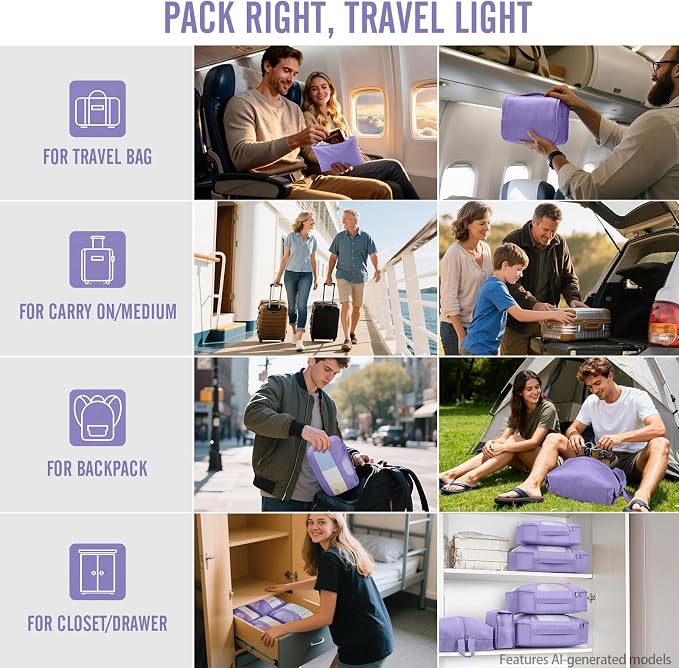 Veken 10 Set Packing Cubes for Travel Essentials,Anti-Wrinkle Buckled Suitcase Organizer for Shoe & Toiletry Bag,Carry On Luggage Bag with 99+ Count Mesh Holes for Airplane & College Dorm Accessories - Image 7
