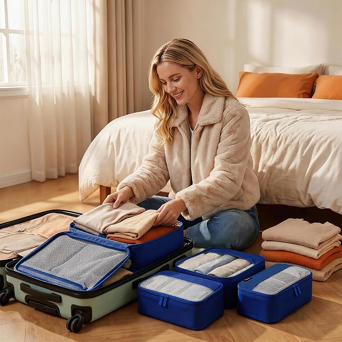 4 Piece Compression Packing Cubes for 3–7 Day Travel, Space Saving Travel Organizers with Breathable Mesh, Double-Zipper Packing Cubes for Carry-On & Suitcases (Blue) - Image 6