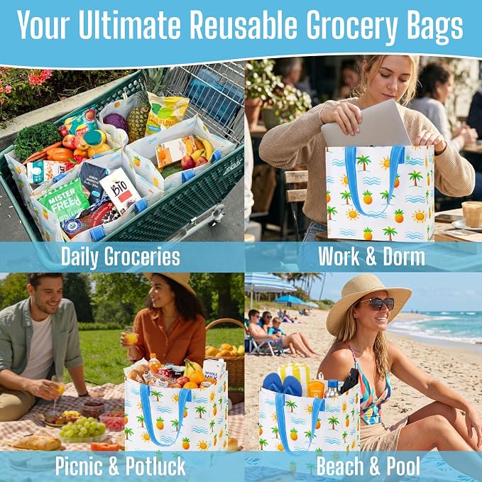 VENO 4 Pack Large Grocery Bag Reusable Shopping Bags with Hard Bottom | Utility Tote w/ Reinforced Handles, Heavy Duty, Foldable, Stand Upright, for Groceries Shopping Cart(Tropical Island, 4 Pack) - Image 5