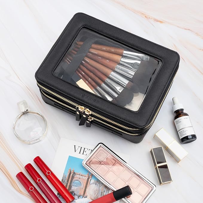 Aveniee XL Clear Makeup Organizer,Double Layer Travel Cosmetic Case with Brush Holder & Zippered Compartments,Big Toiletry Bag for Travel Accessories,2 Layers Large,Black - Image 4