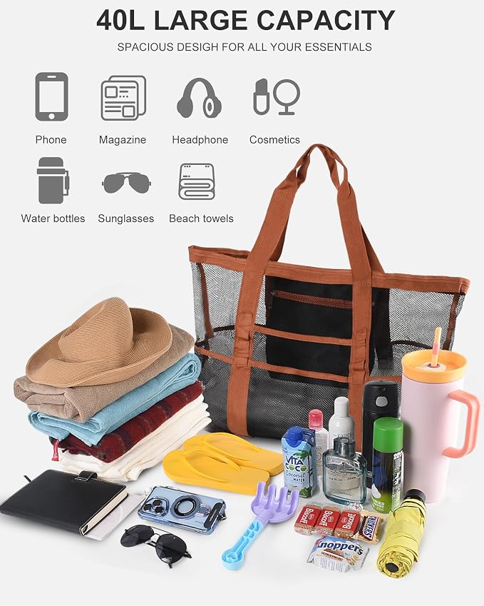 Genteen 40L Mesh Beach Bag, Foldable Sandproof Tote with Waterproof Pocket Quick Dry for Women Family Pool Vacation - Image 6