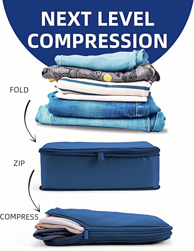 6 Set Compression Packing Cubes for 7–14 Day Travel, Dark Blue | Nylon Oxford Fabric, Full Breathable Mesh, Reinforced Double-Zipper, Small to Large Size Bag, Expandable Packing System - Image 2