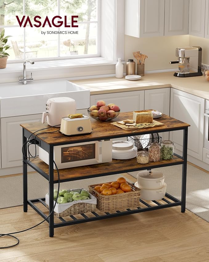 VASAGLE Kitchen Island with 3 Shelves, Storage Cabinet, Steel Structure | Kitchen Shelf with Large Wooden Worktop, 47.2 Inches Width, Rustic Brown and Matte Black, BARNET Collection UKKI101K01 - Image 2