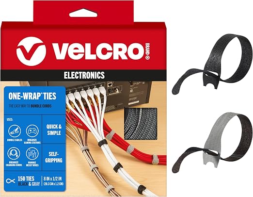 VELCRO Brand 150pk Cable Ties Value Pack, 8in | Gifts for Tech Lovers | For Wire Management and Cord Organizer | Replace Zip Ties with Reusable Straps, Reduce Waste (Pack of 12) by VELCROBrand