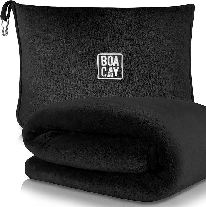 Soft & Warm Travel Blanket for Airplane & Car - Long Flight Essential for Women, Men, Kids - Compact Pillow with Luggage Sleeve & Backpack Clip by BOACAY