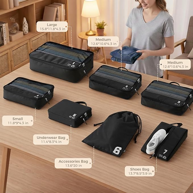 7 Set Compression Packing Cubes for Travel, Luggage Organizer Bags for Suitcases with Mesh Panels, Shoe Bag & Toiletry Bag for Carry On, Vacation & Cruise Essentials (Black) - Image 2