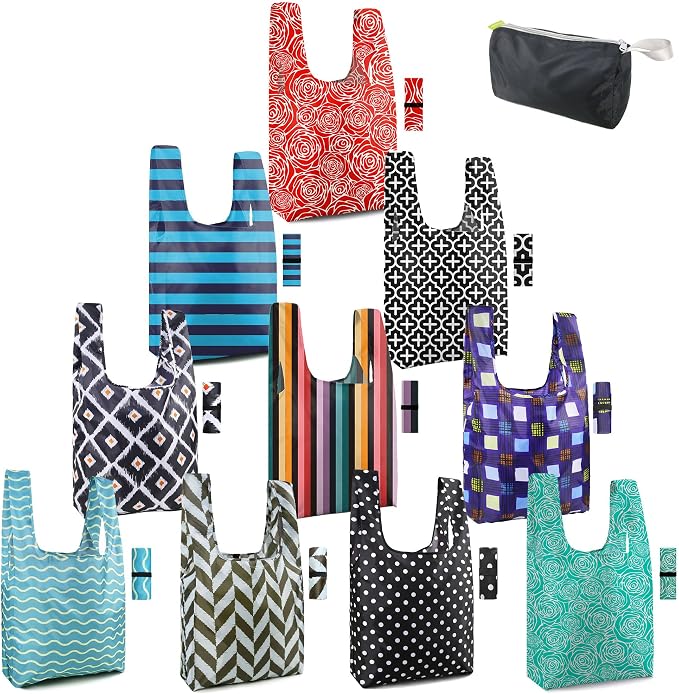 BeeGreen Geometry Reusable Grocery Bags Bulk Gifts 10-Pack - Large Tote with Zipper Pouch | Foldable & Washable Polyester Shopping Bags Heavy Duty Flower Lover Gifts Reusable Bag With Handles by BeeGreen