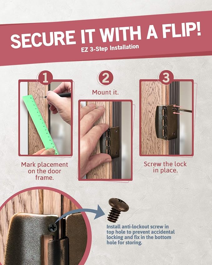 Jack N’ Drill Flip Action Door Lock (6 Pack)- Reversible Privacy Door Locks with Anti Lockout Screw for Child Proofing and Home Defense, Easy to Install and Durable Lock for Interior Swing-in Door - Image 4