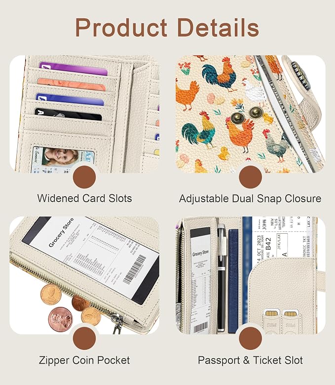 Chicken Wallet Women RFID, Cute Passport Holder Credit Card Holder | 6.7" x 4.4" x 1.3" Bifold, Travel billfold, Zipper Pocket, PU Leather, Clutch, Purse, ID Window, Pen Holder, Gift Ladies Girl - Image 6